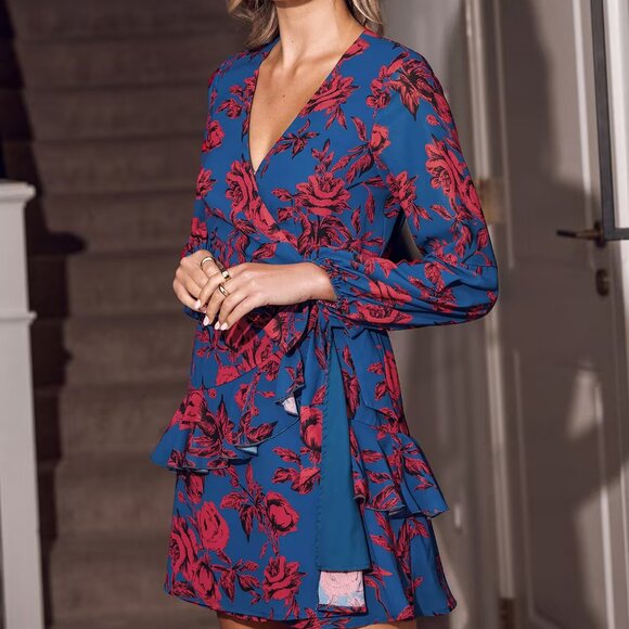 Cupshe Blue & Red Floral Blouson Sleeve Mini Wrap Dress Size L | NWT - Picture 3 of 3